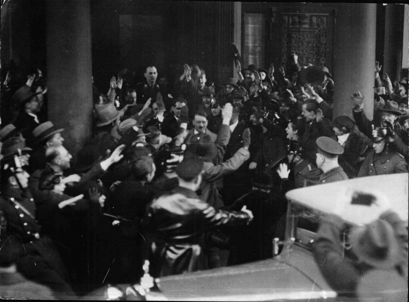 Adolf Hitler leaves Berlin's Hotel Kaiserhof after his appointment as chancellor